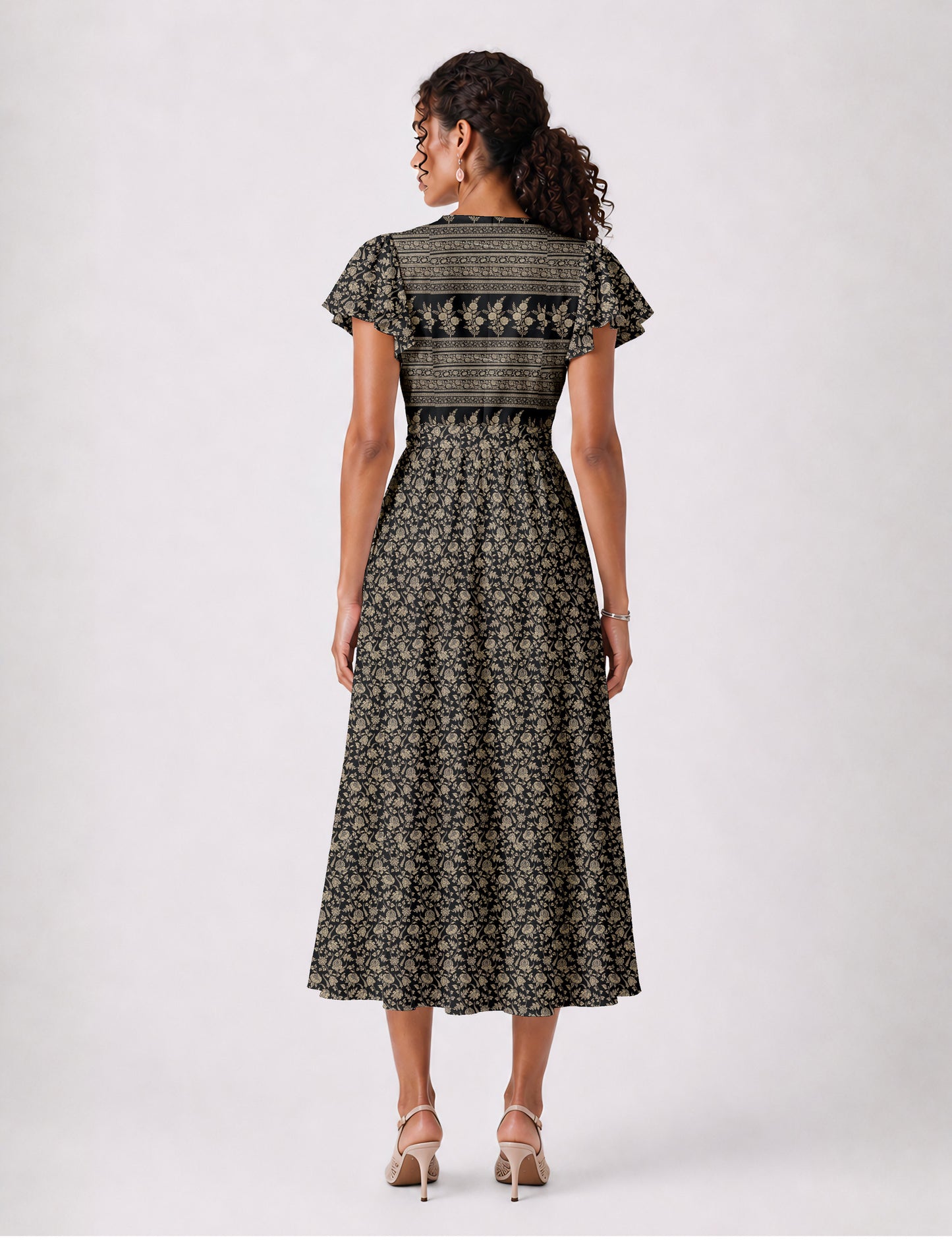 Elegant midi wrap dress with a V-neckline, adjustable waist tie, fitted bodice, and flared skirt for a timeless, flattering silhouette.