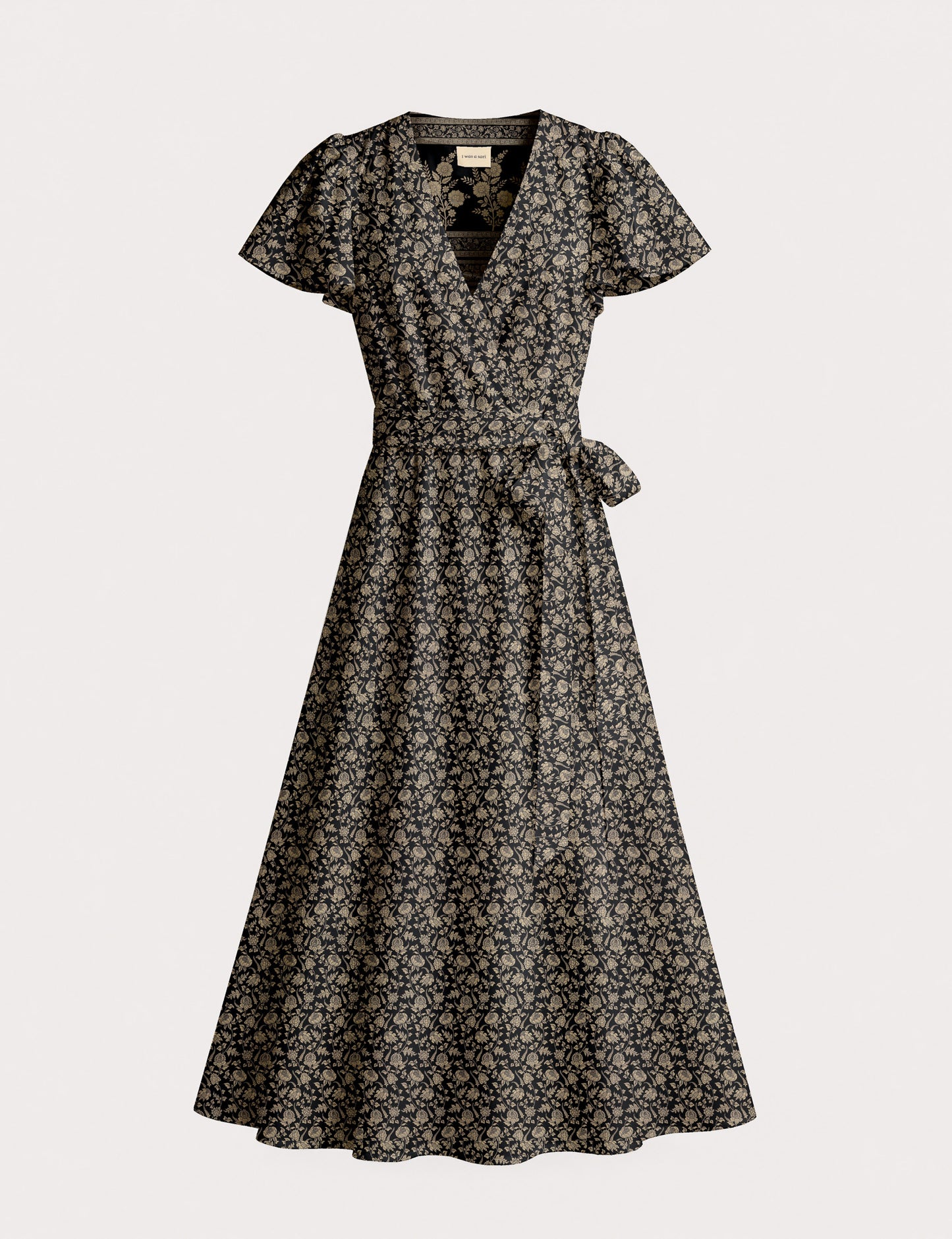 Elegant midi wrap dress with a V-neckline, adjustable waist tie, fitted bodice, and flared skirt for a timeless, flattering silhouette.