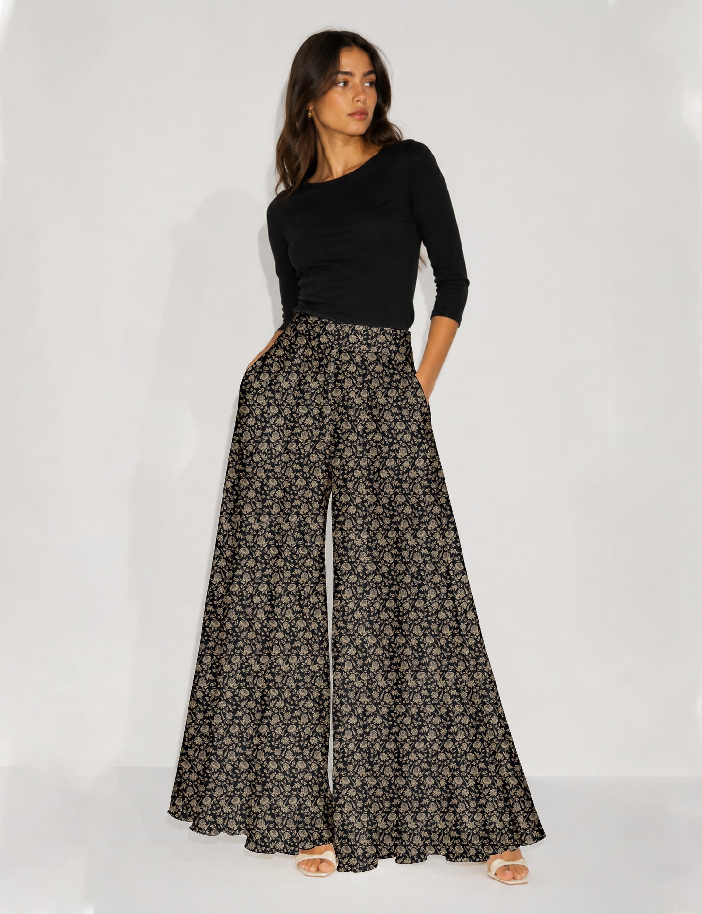 Wide Leg Palazzo Trousers - Black Floral