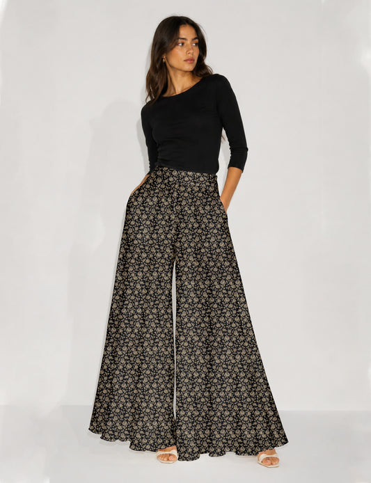 Wide Leg Palazzo Trousers - Black Floral