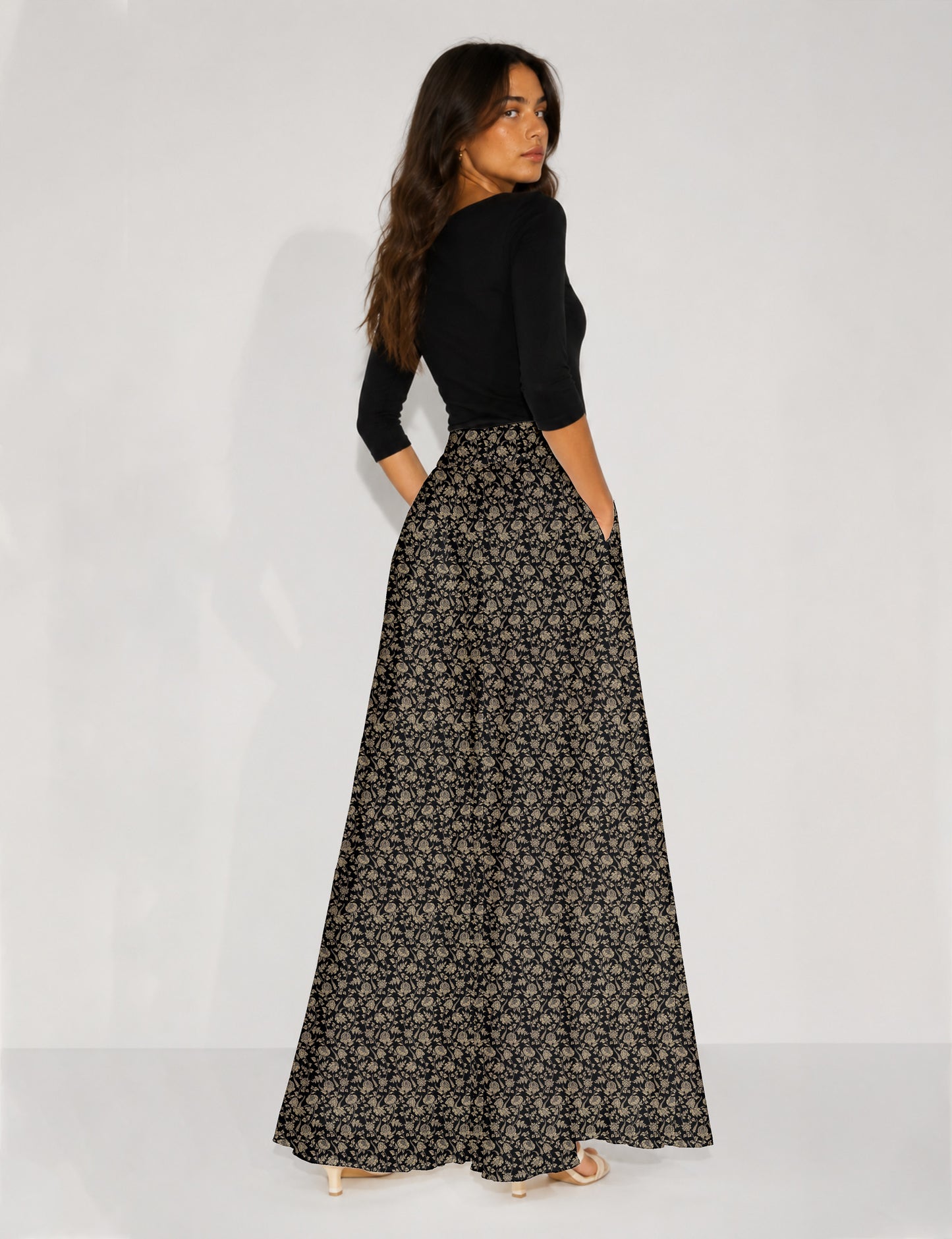 Wide Leg Palazzo Trousers - Black Floral