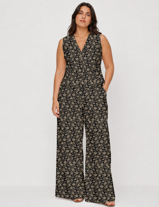 Women's tailored waistcoat set with a sleeveless V-neck button-front waistcoat and high-rise wide leg trousers in a coordinated matching outfit.