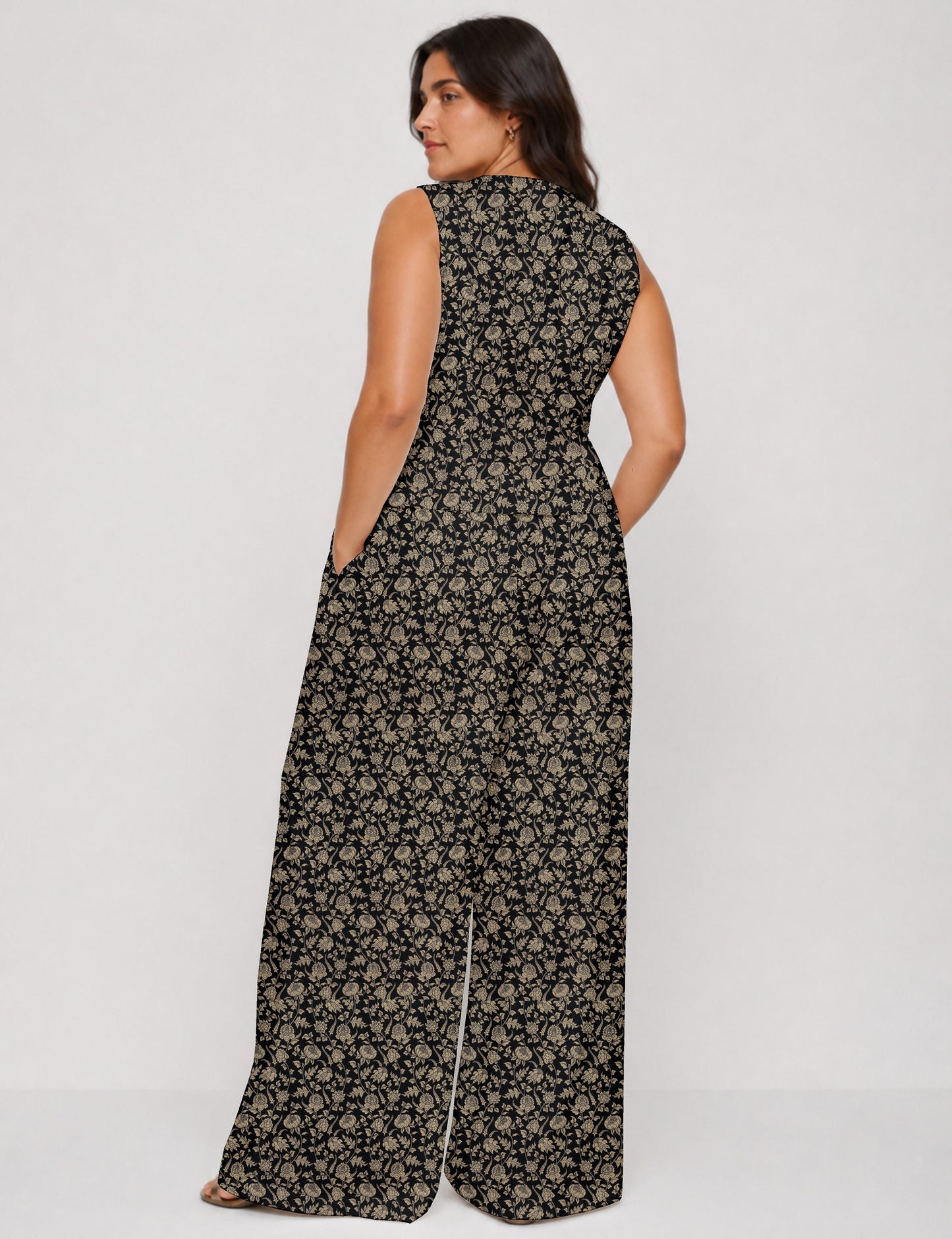 Women's tailored waistcoat set with a sleeveless V-neck button-front waistcoat and high-rise wide leg trousers in a coordinated matching outfit.