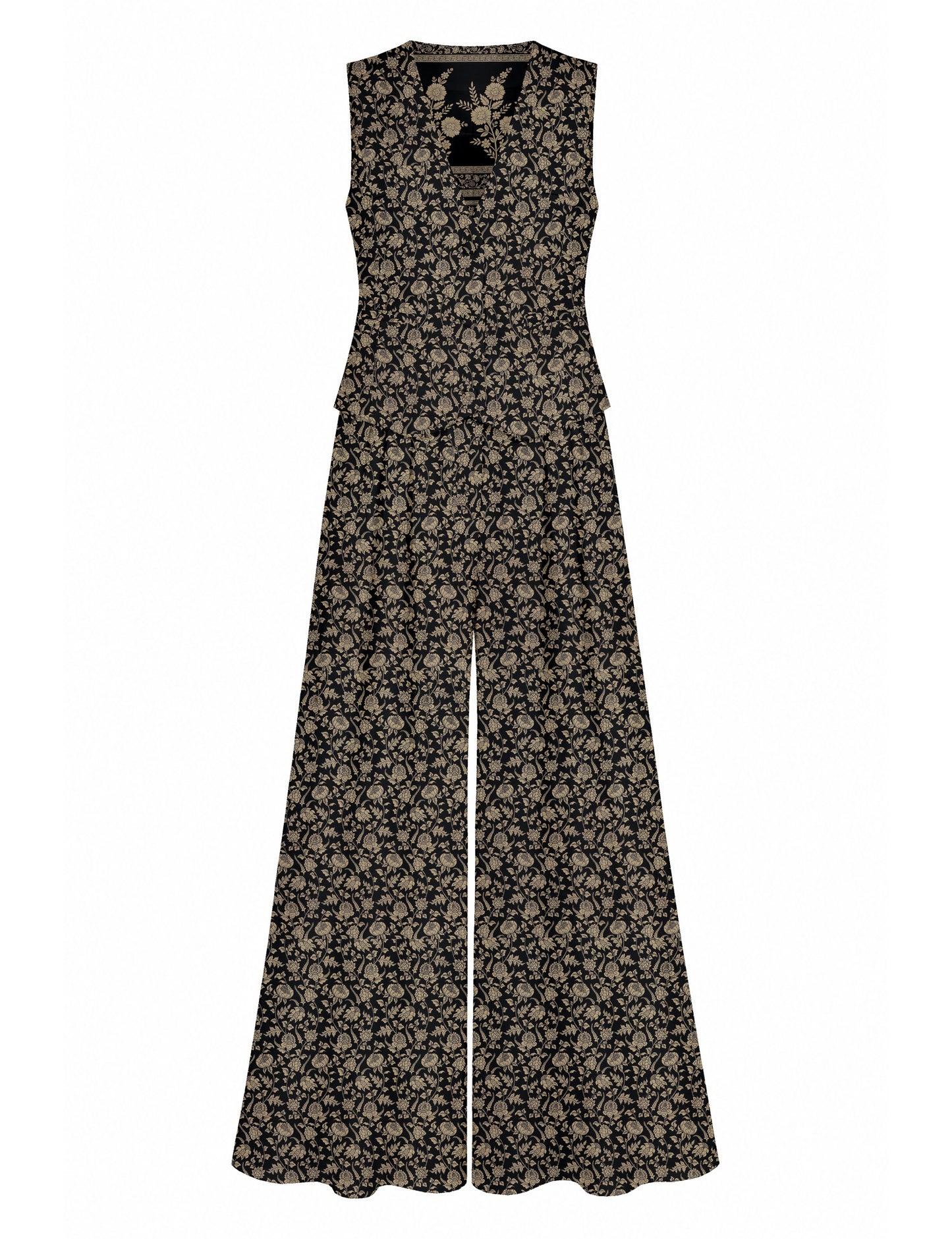 Women's tailored waistcoat set with a sleeveless V-neck button-front waistcoat and high-rise wide leg trousers in a coordinated matching outfit.