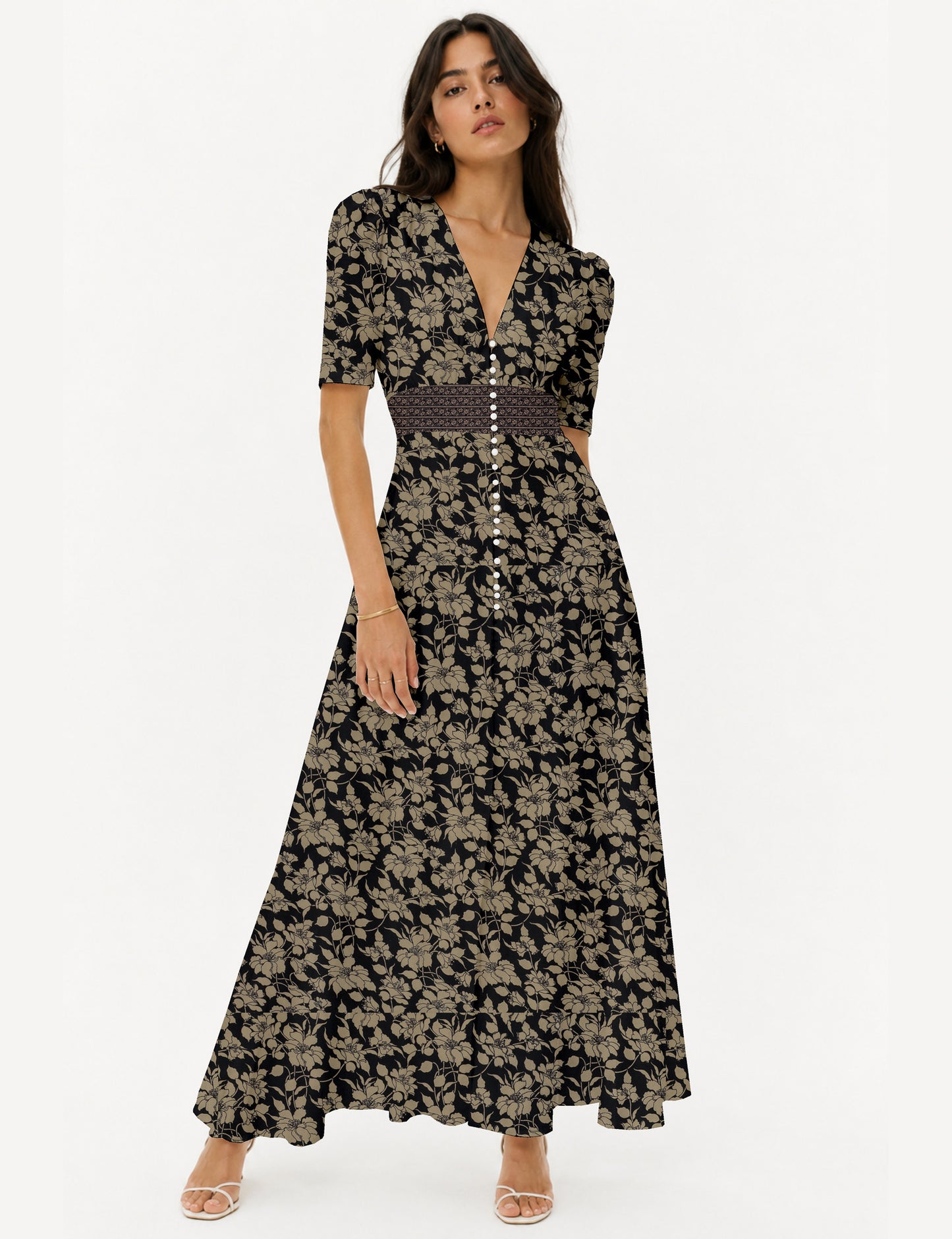 Maxi romantic dress with a fitted bodice, V-neckline, functional button placket, structured waist panel, short sleeves, and a softly flared ankle-length A-line skirt.