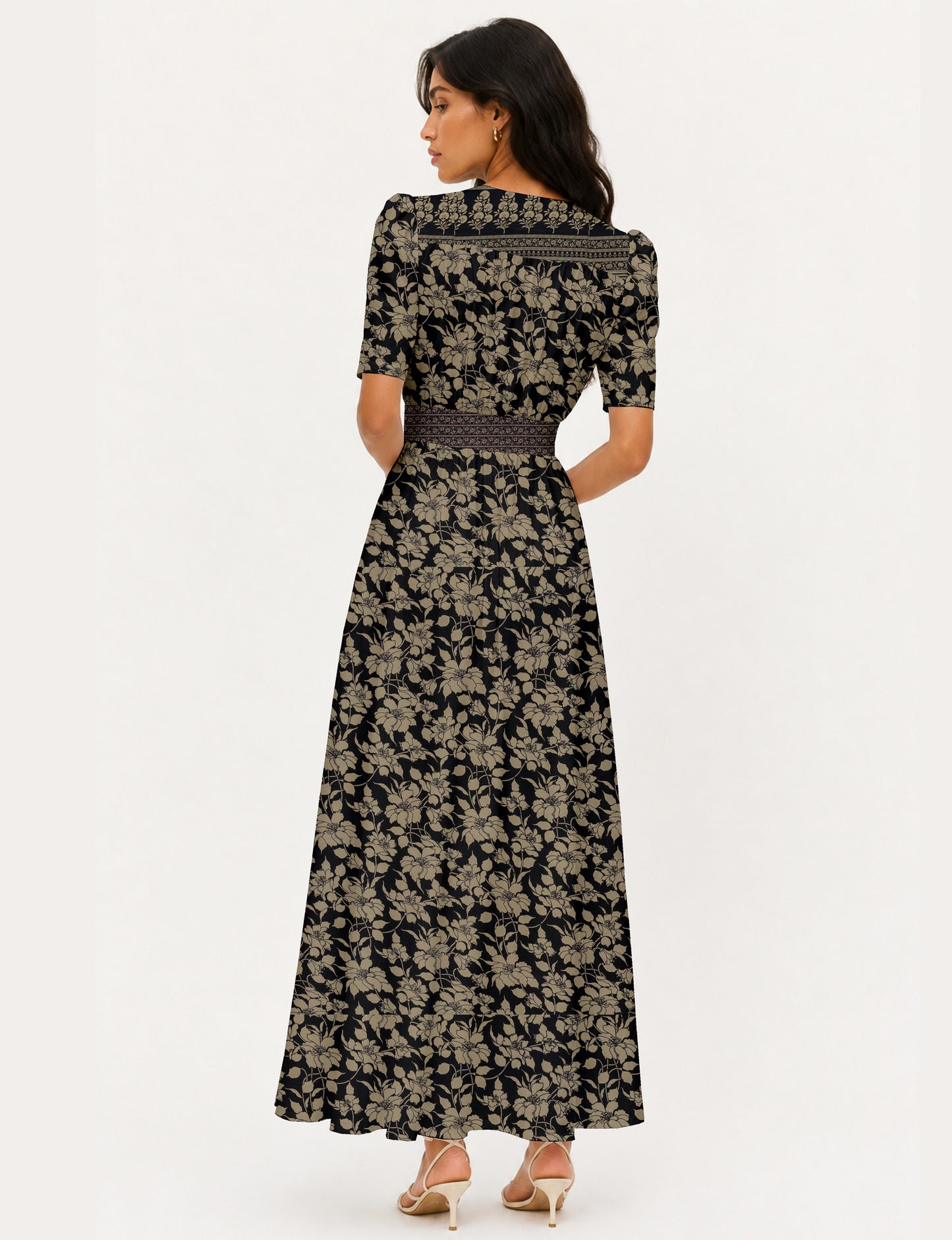 Maxi romantic dress with a fitted bodice, V-neckline, functional button placket, structured waist panel, short sleeves, and a softly flared ankle-length A-line skirt.