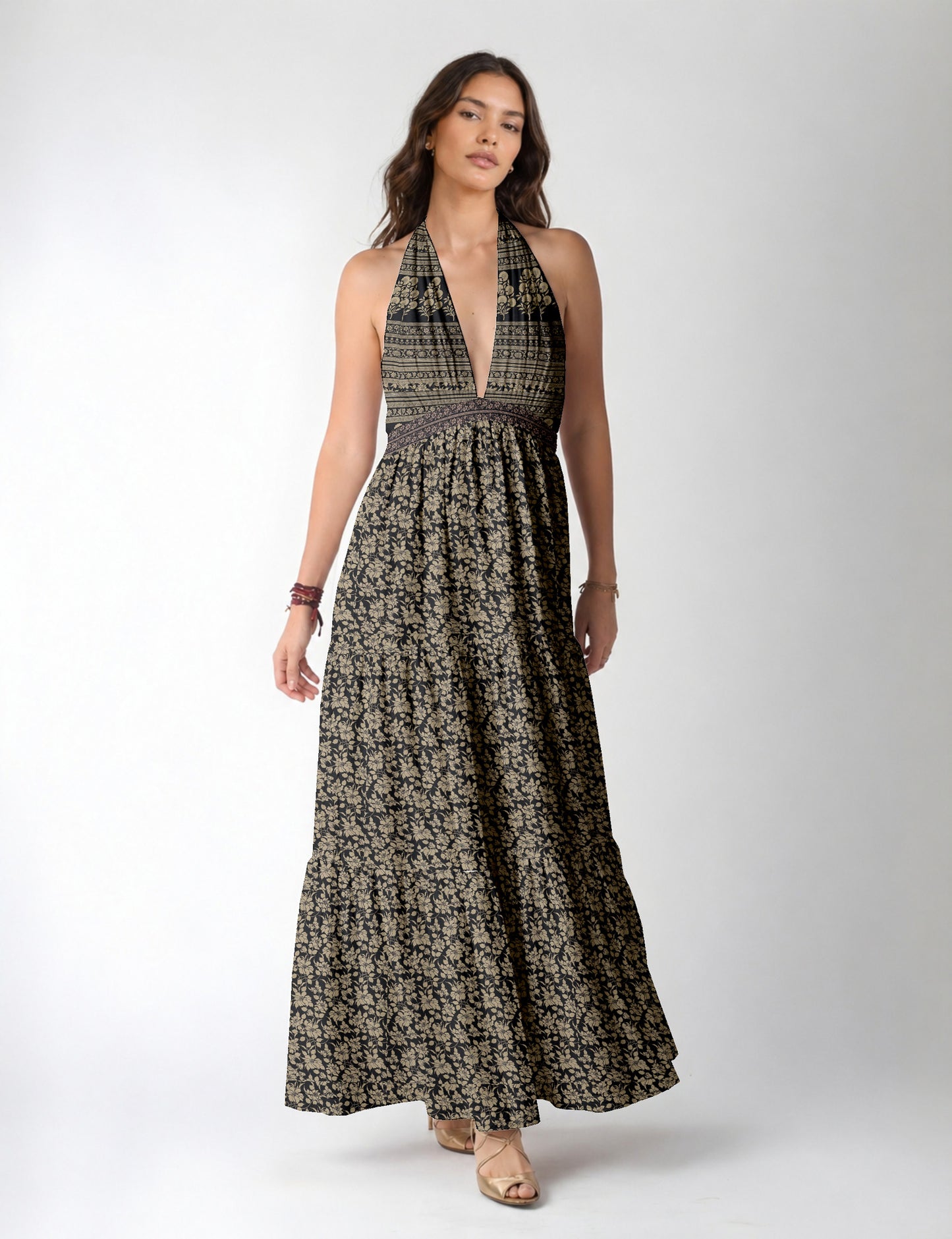 Maxi tiered dress by I was a Sari with halter neckline and flowy silhouette