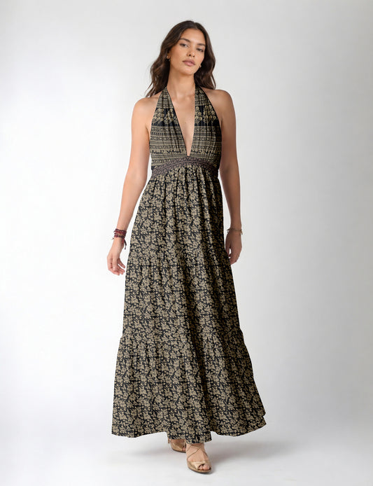 Maxi tiered dress by I was a Sari with halter neckline and flowy silhouette