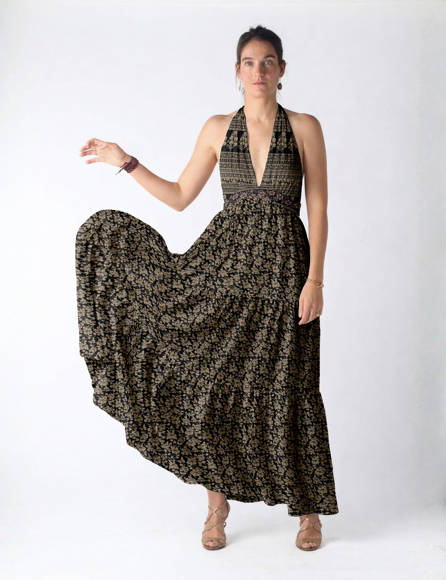 Flowy maxi tiered dress for vacations, brunch, and evening wear
