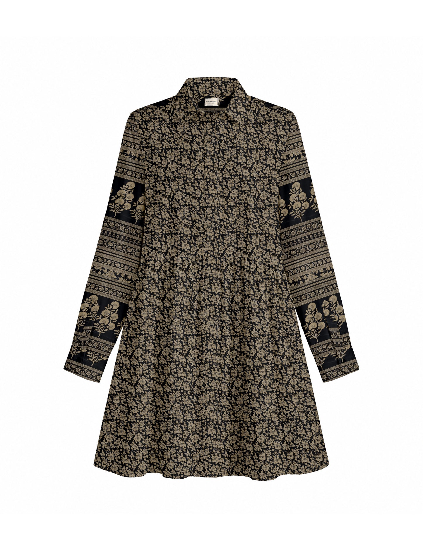Short shirt dress with a relaxed A-line silhouette, point collar, partial button placket, gathered waist, side pockets, and full-length cuffed sleeves.