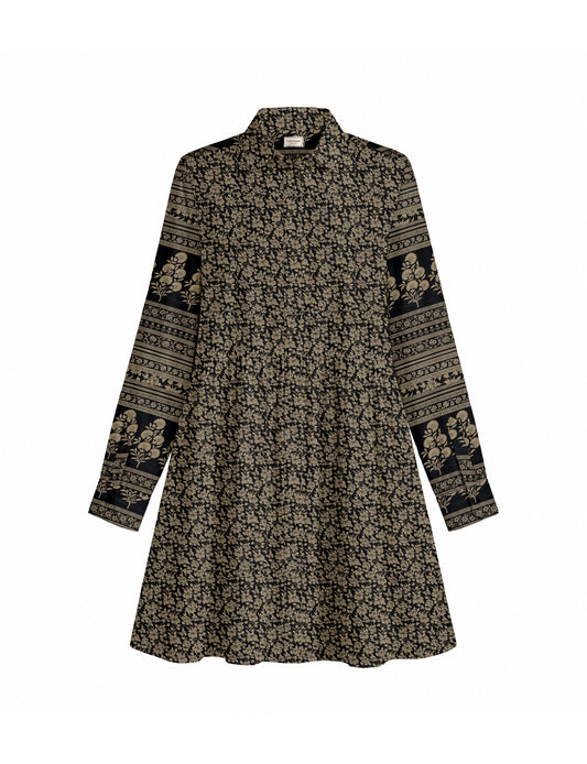 Short shirt dress with a relaxed A-line silhouette, point collar, partial button placket, gathered waist, side pockets, and full-length cuffed sleeves.