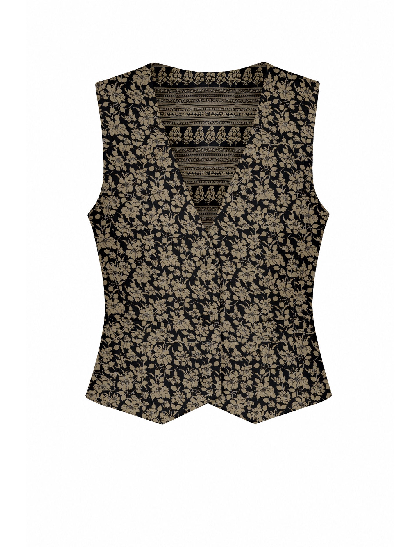 Women's fitted waistcoat with V-neck, single-breasted button closure, tailored silhouette, and pointed hem in sustainable fashion.