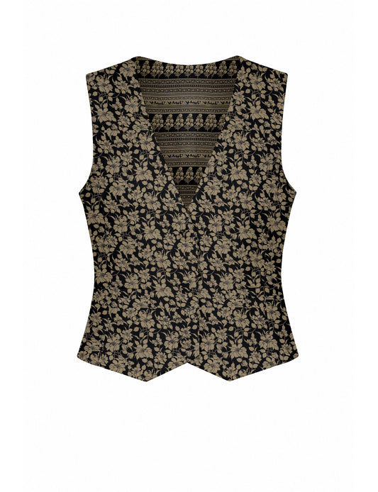 Women's fitted waistcoat with V-neck, single-breasted button closure, tailored silhouette, and pointed hem in sustainable fashion.