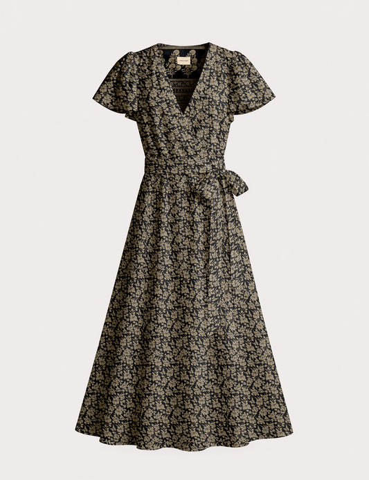 Elegant midi wrap dress with a V-neckline, adjustable waist tie, fitted bodice, and flared skirt for a timeless, flattering silhouette.