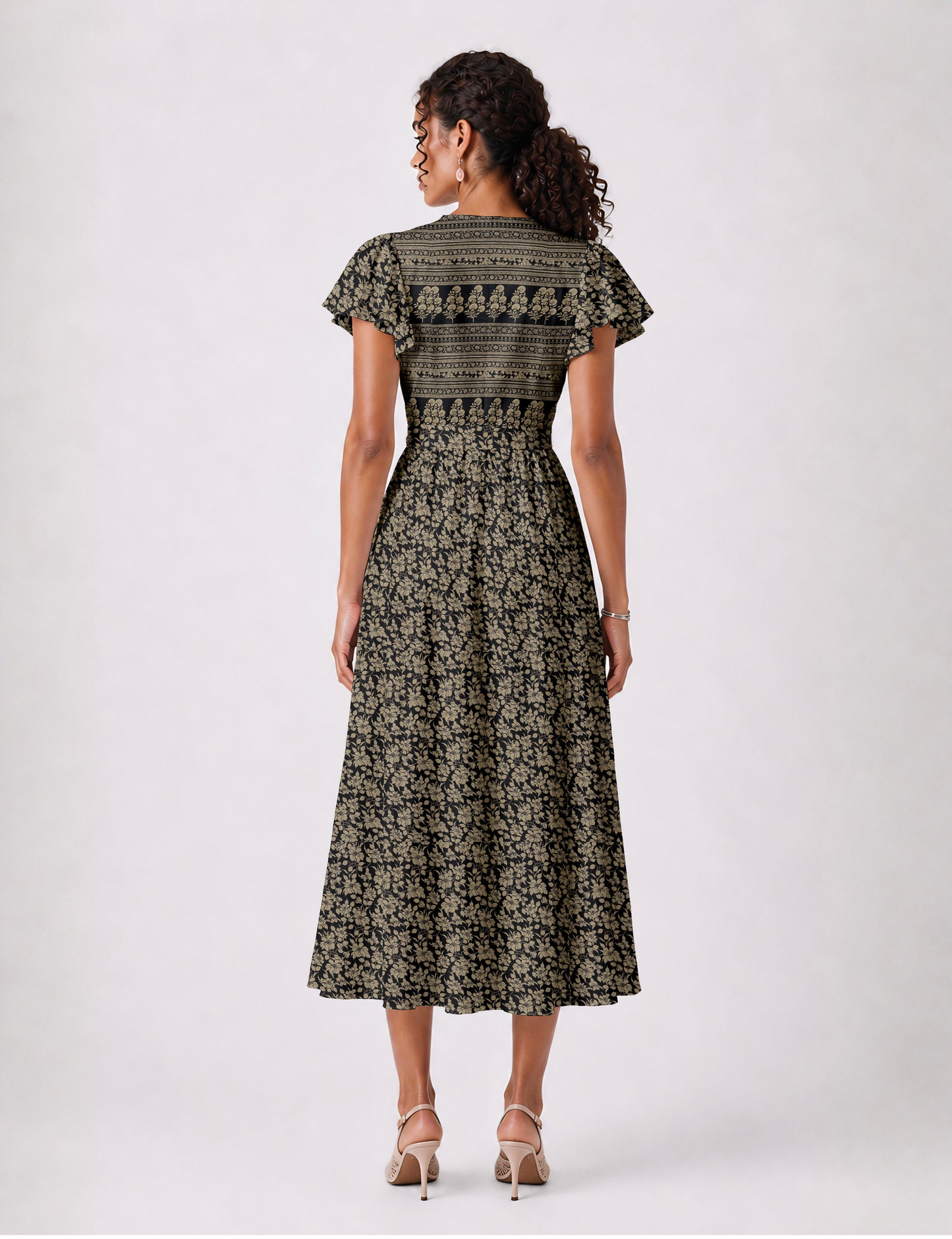 Elegant midi wrap dress with a V-neckline, adjustable waist tie, fitted bodice, and flared skirt for a timeless, flattering silhouette.