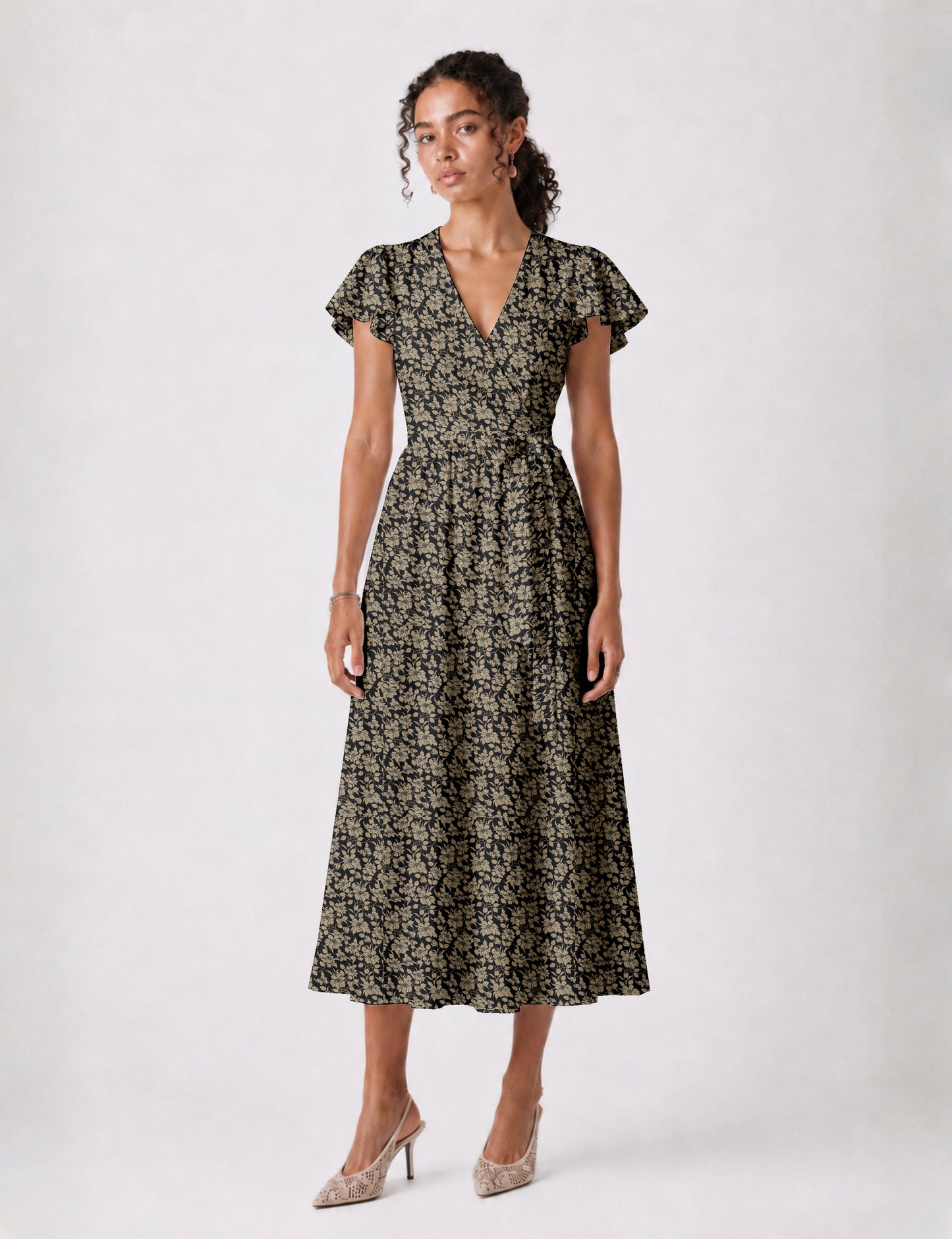 Elegant midi wrap dress with a V-neckline, adjustable waist tie, fitted bodice, and flared skirt for a timeless, flattering silhouette.