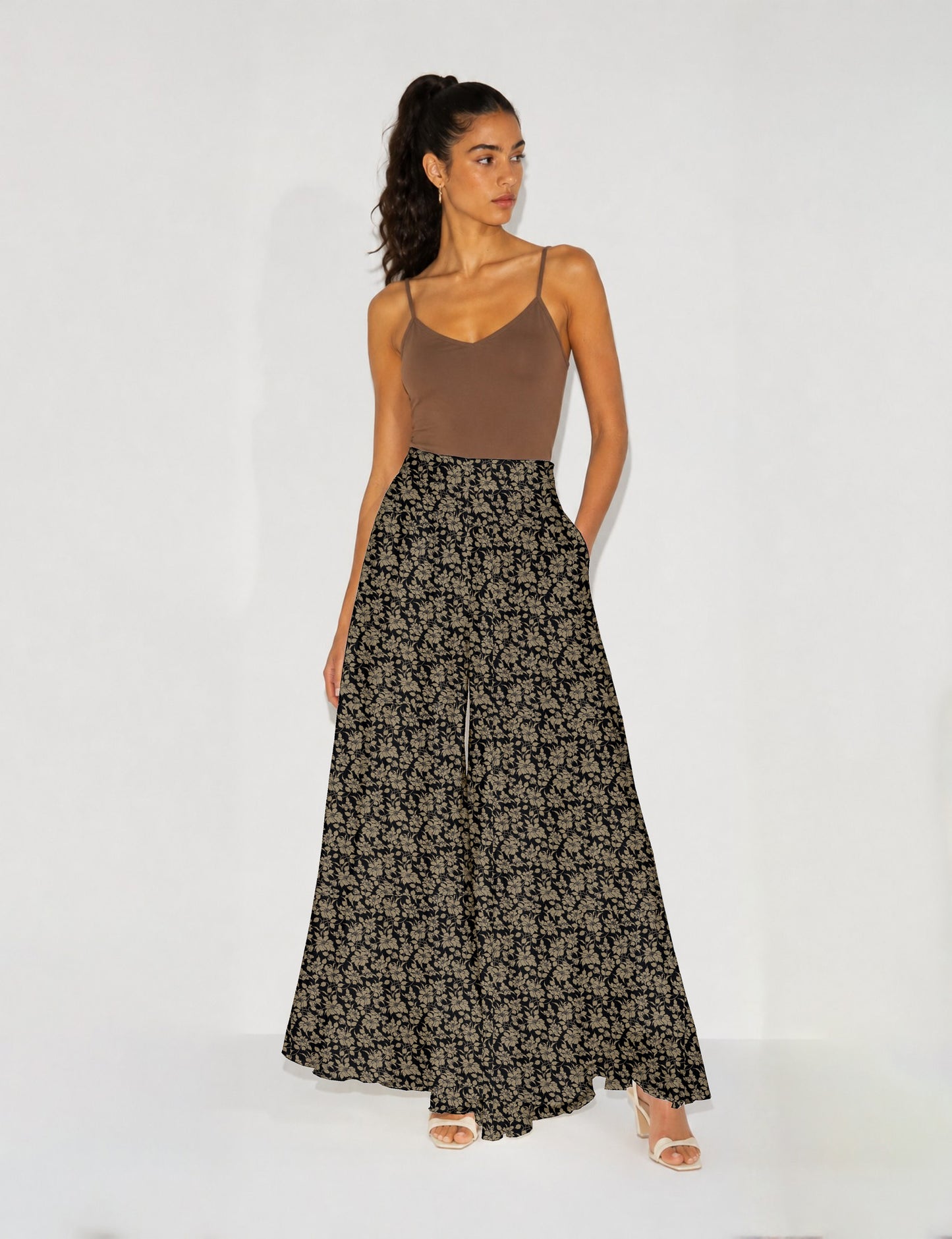 Wide Leg Palazzo Trousers - Black Floral