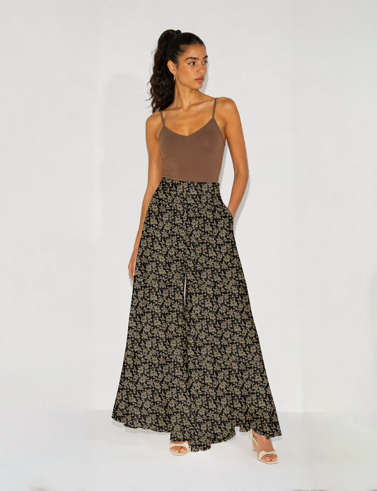 Wide Leg Palazzo Trousers - Black Floral