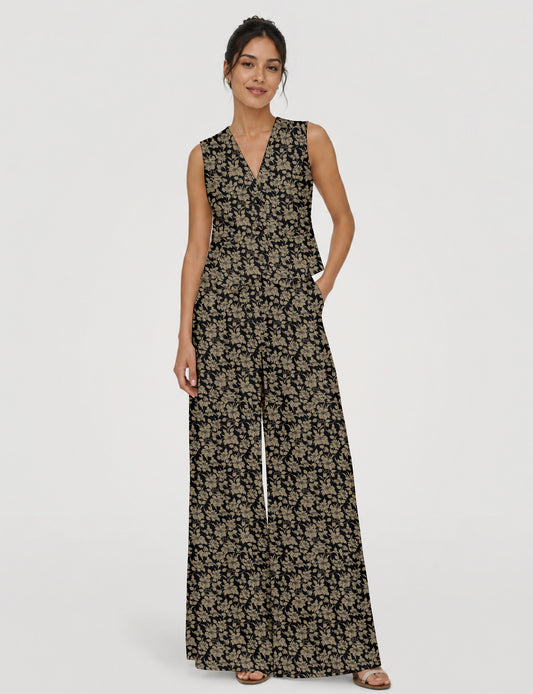 Women's tailored waistcoat set with a sleeveless V-neck button-front waistcoat and high-rise wide leg trousers in a coordinated matching outfit.