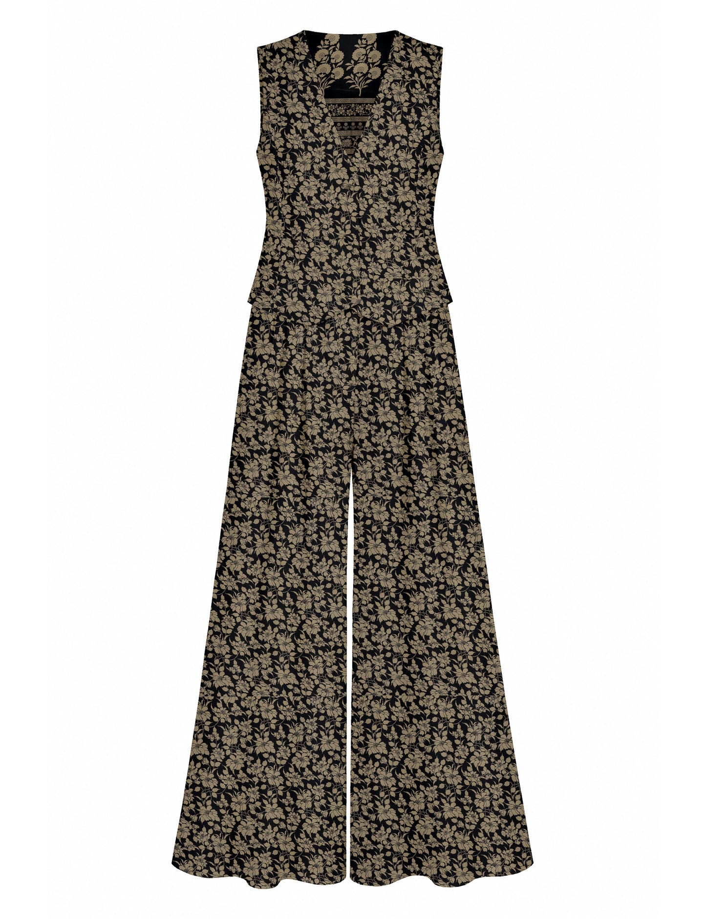 Women's tailored waistcoat set with a sleeveless V-neck button-front waistcoat and high-rise wide leg trousers in a coordinated matching outfit.