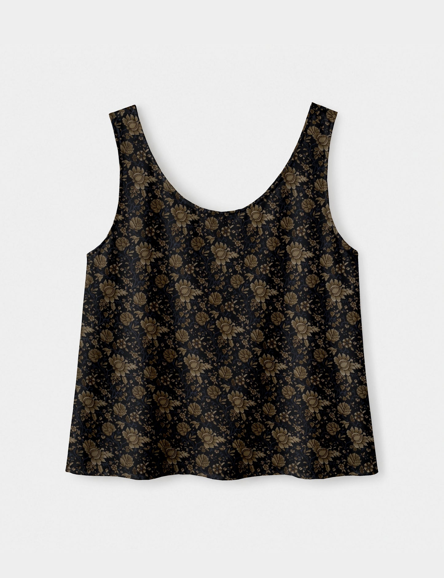 Women's sleeveless blouse with a relaxed straight fit, wide scoop neckline, deep scoop back, and hip-length silhouette.