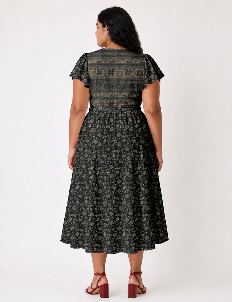 Elegant midi wrap dress with a V-neckline, adjustable waist tie, fitted bodice, and flared skirt for a timeless, flattering silhouette.