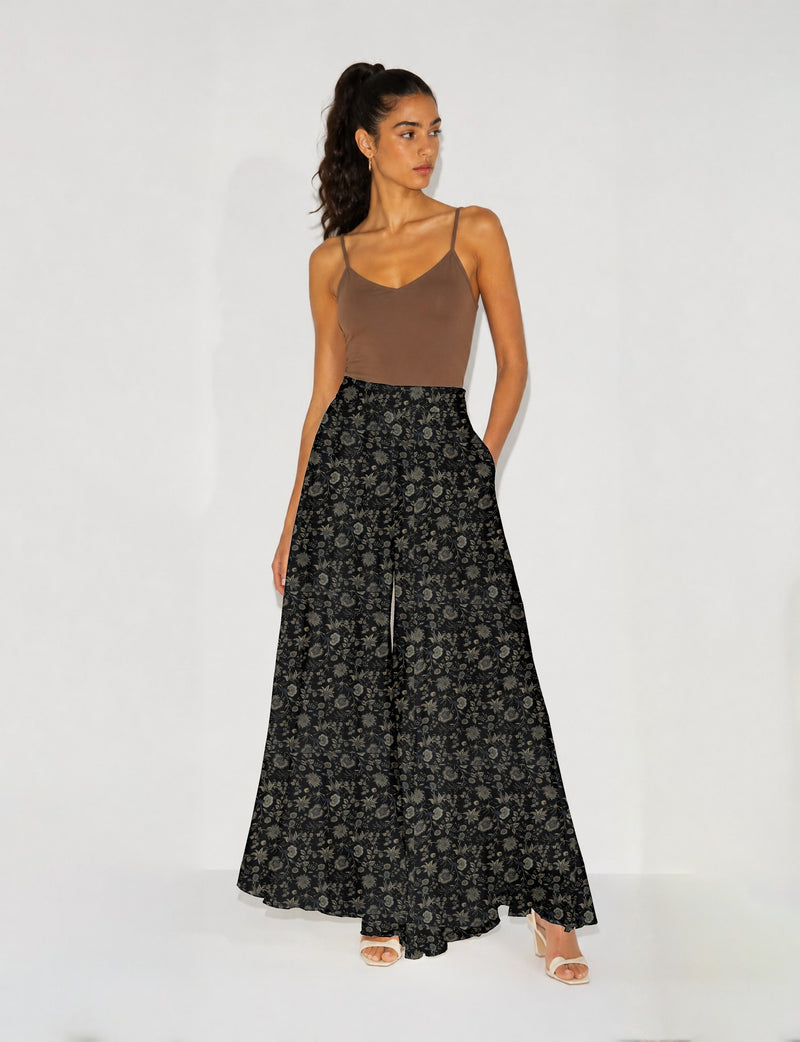 Wide Leg Palazzo Trousers - Black Floral