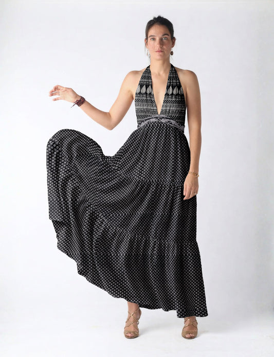 Maxi tiered dress by I was a Sari with halter neckline and flowy silhouette