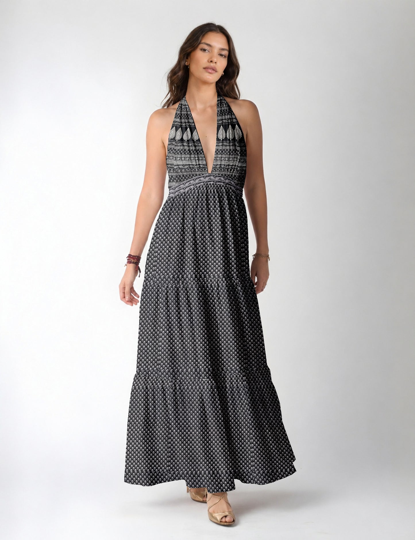 Flowy maxi tiered dress for vacations, brunch, and evening wear