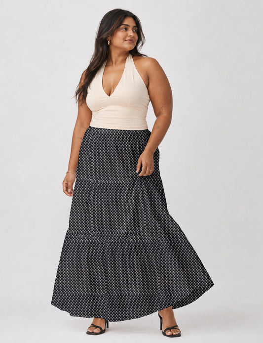Midi Tiered Skirt - Black Floral