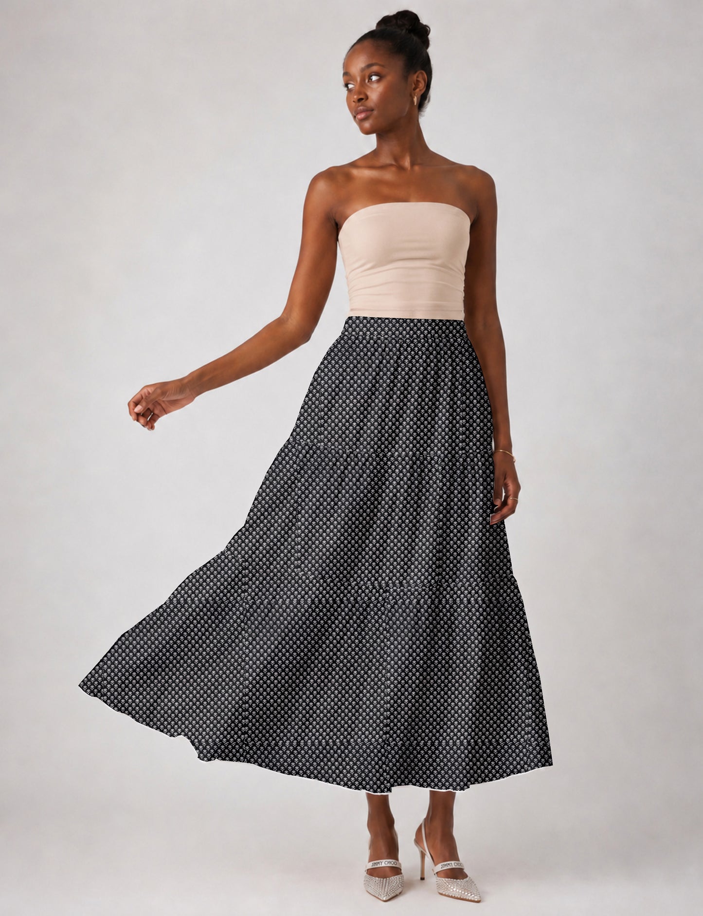 Midi Tiered Skirt - Black Floral
