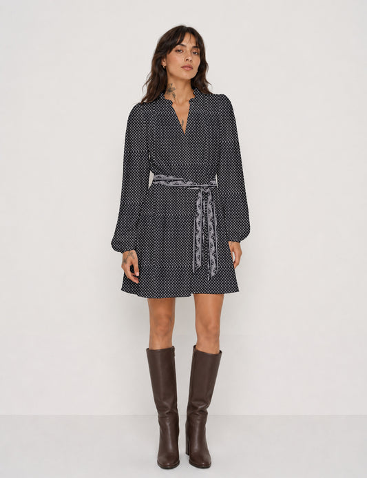 Swing dress with belt - Black Floral