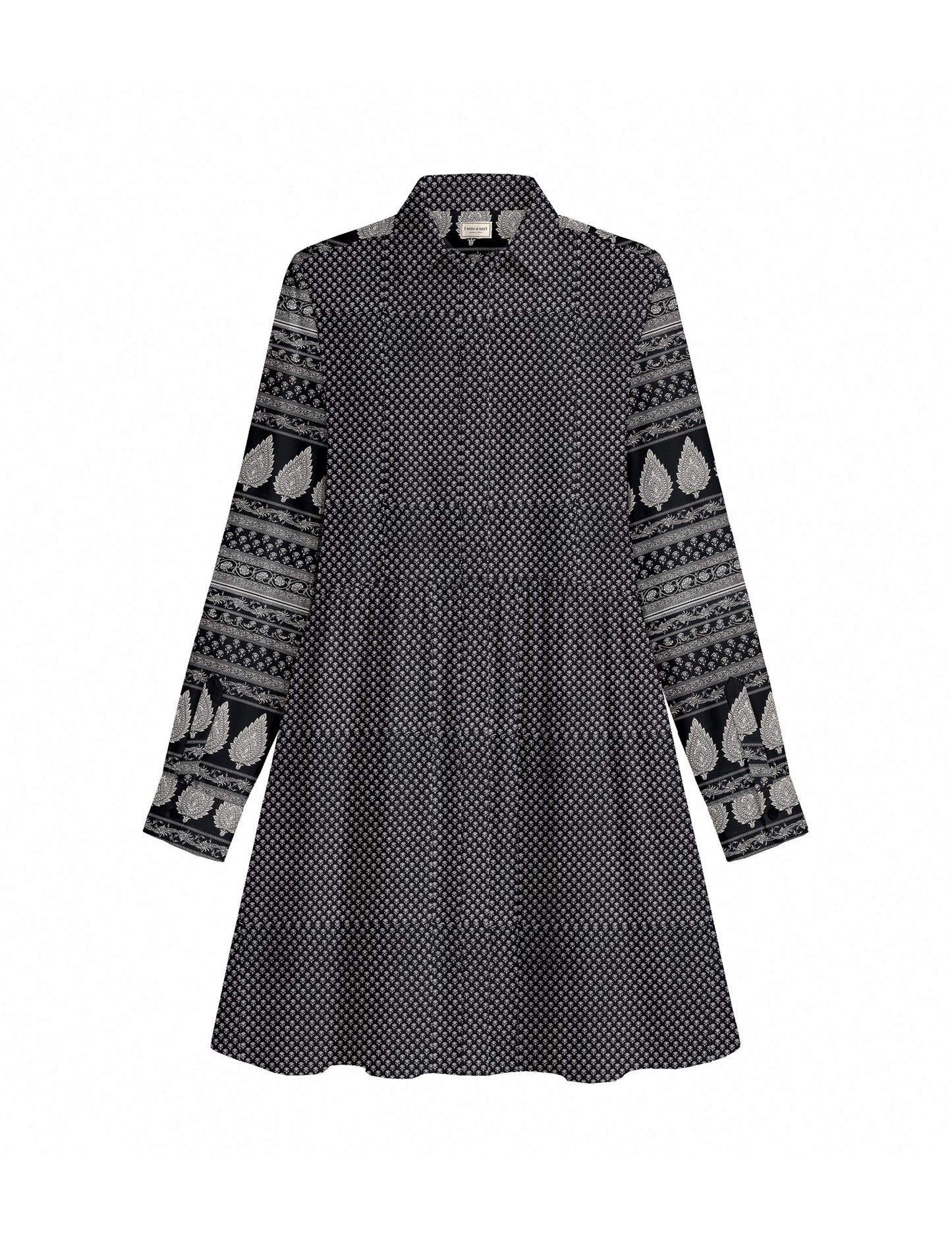 Short shirt dress with a relaxed A-line silhouette, point collar, partial button placket, gathered waist, side pockets, and full-length cuffed sleeves.