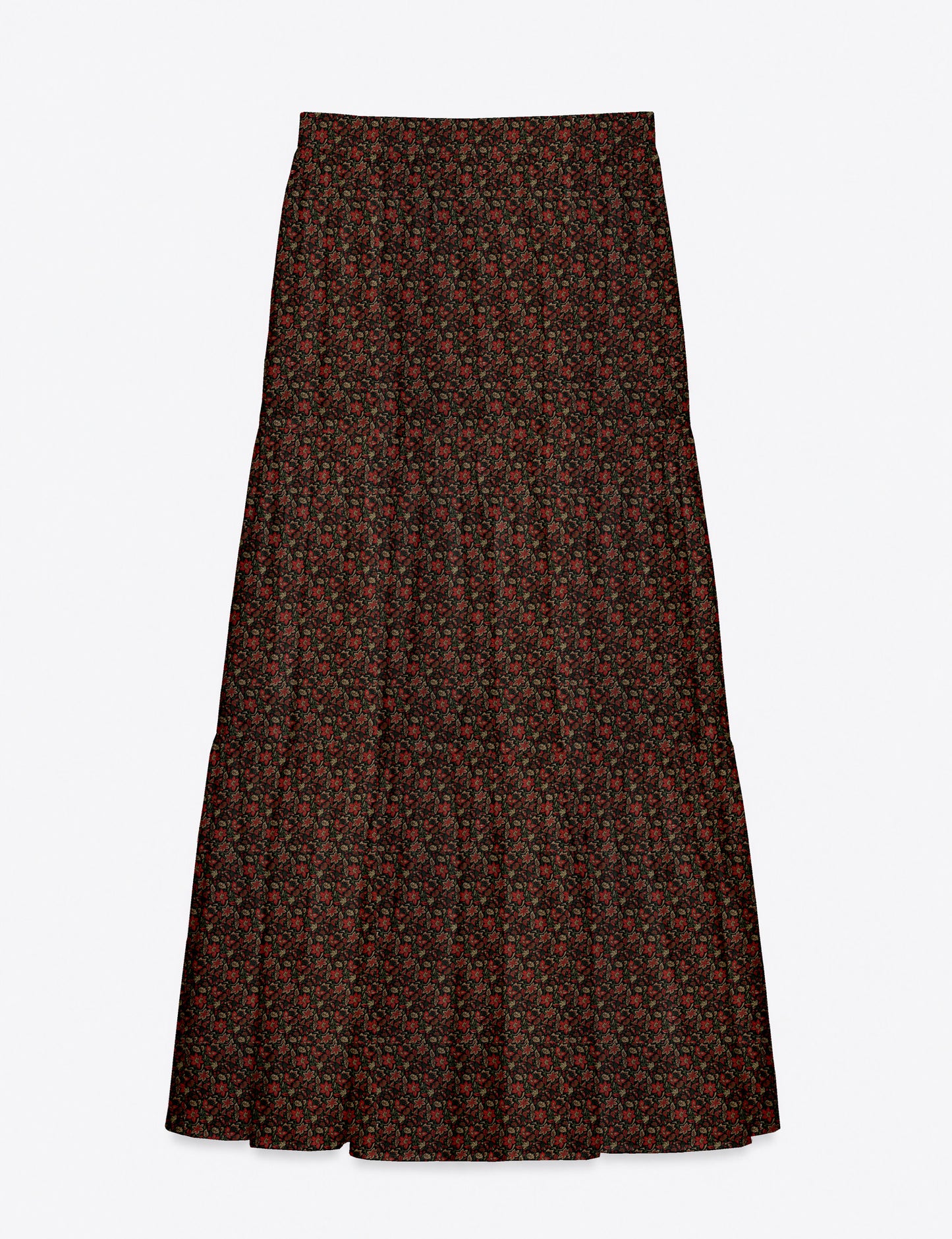 Yellow midi tiered skirt with small dark geometric micro pattern, flat lay front view