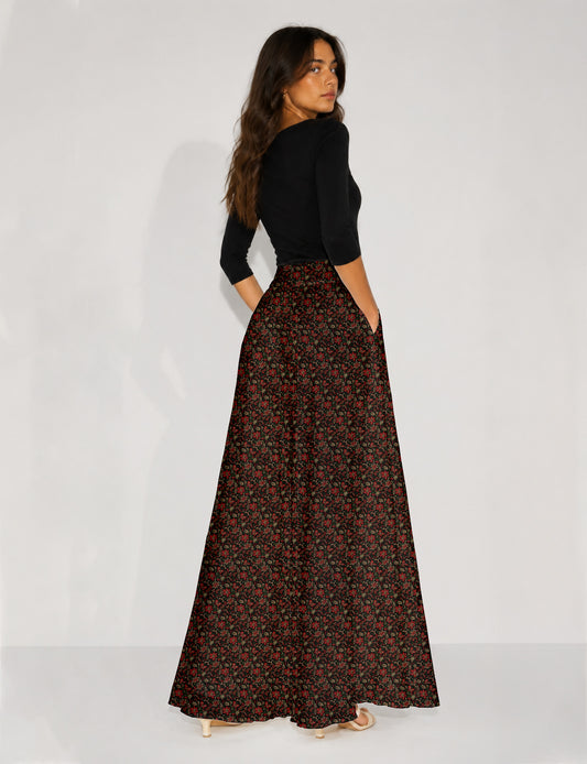 Wide Leg Palazzo Trousers - Black Floral