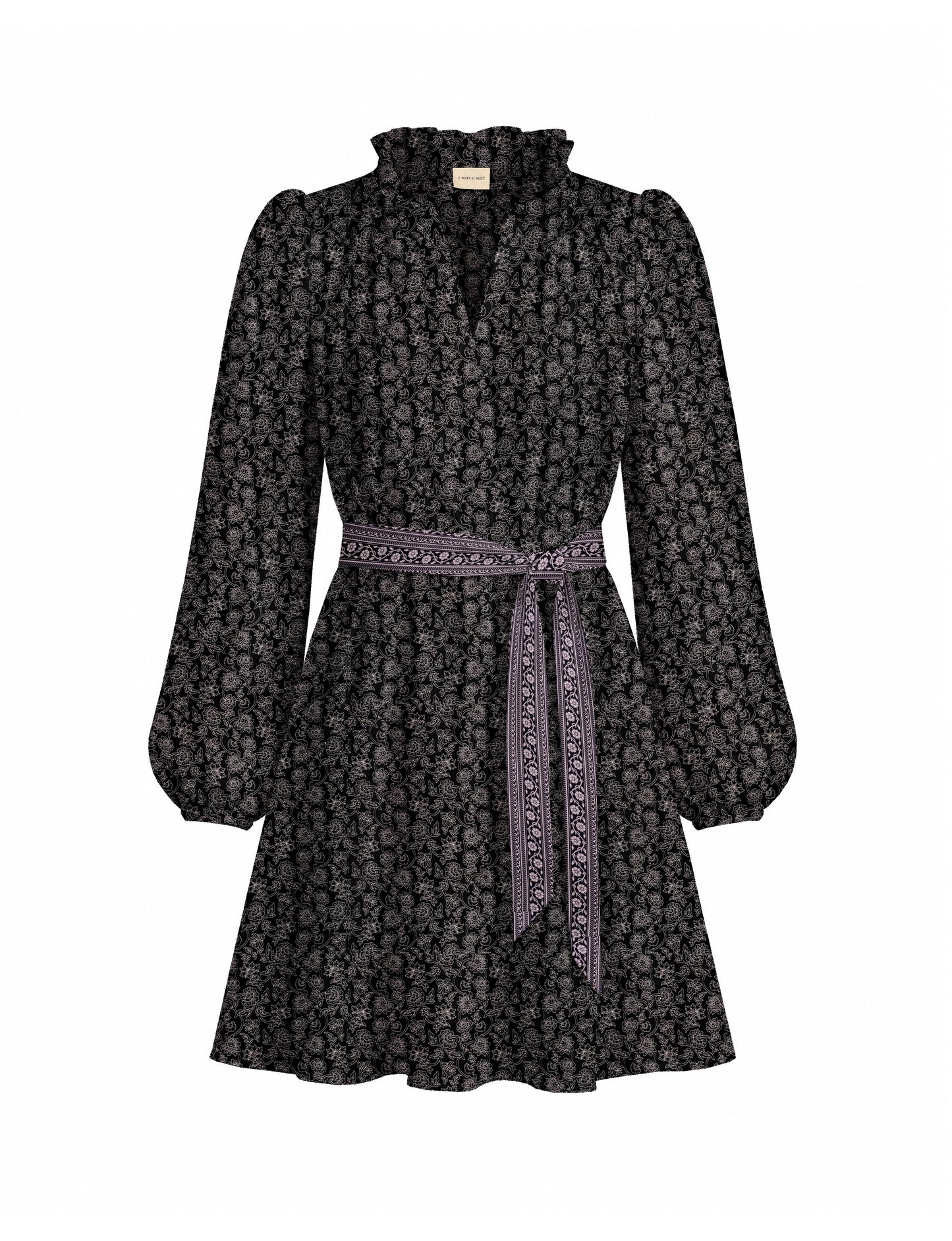 Swing dress with detachable tie belt, gathered ruffle neckline, full-length voluminous sleeves, elastic cuffs, and relaxed A-line silhouette in an above-knee length.