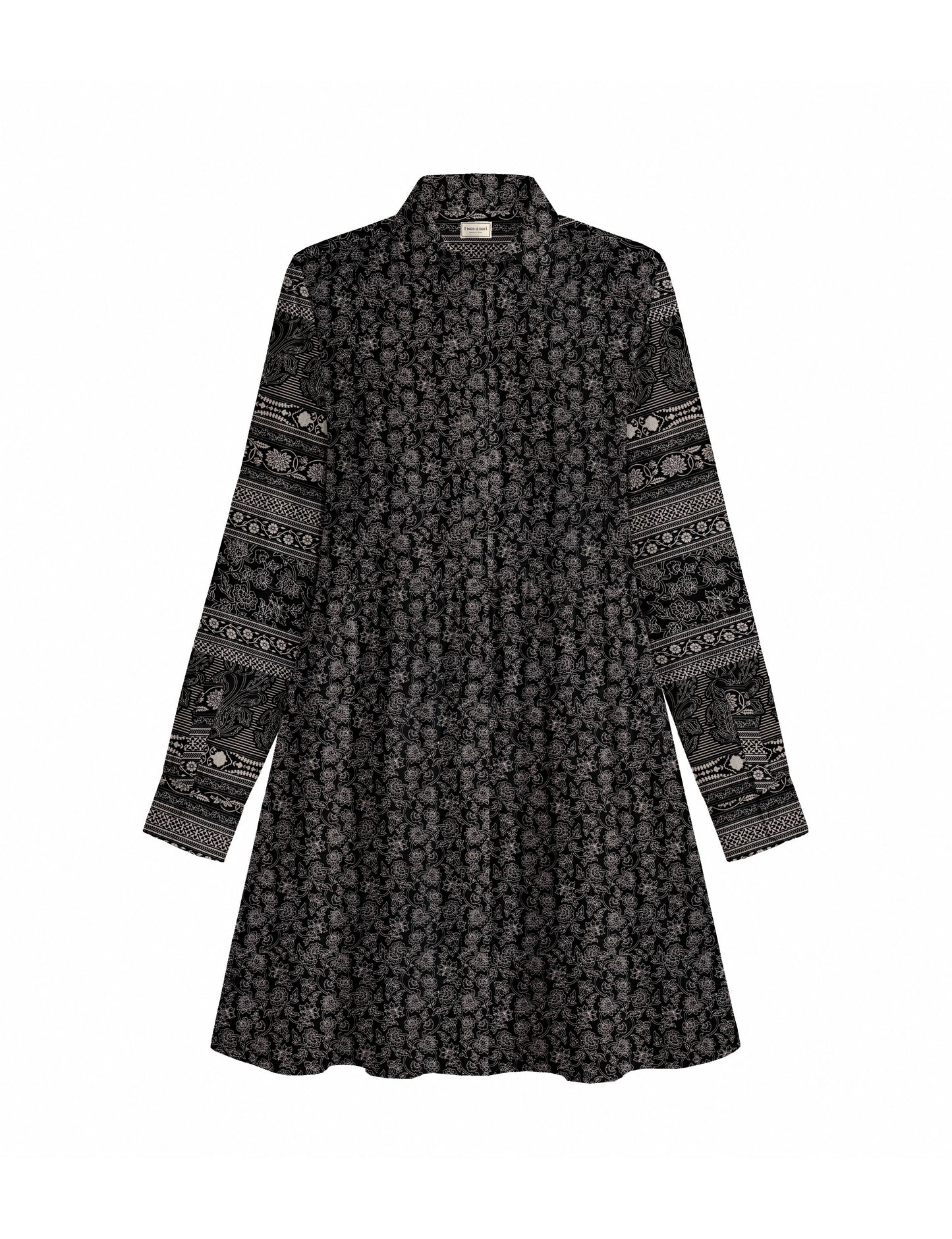 Short shirt dress with a relaxed A-line silhouette, point collar, partial button placket, gathered waist, side pockets, and full-length cuffed sleeves.