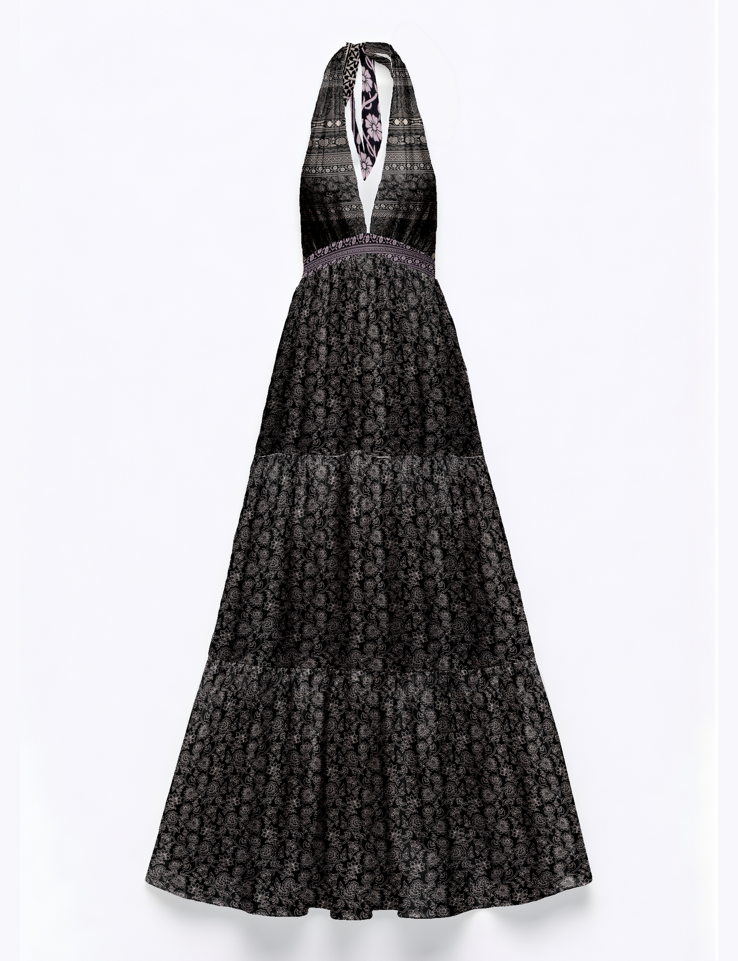 Maxi tiered dress by I was a Sari with halter neckline and flowy silhouette