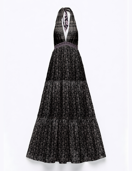 Maxi tiered dress by I was a Sari with halter neckline and flowy silhouette