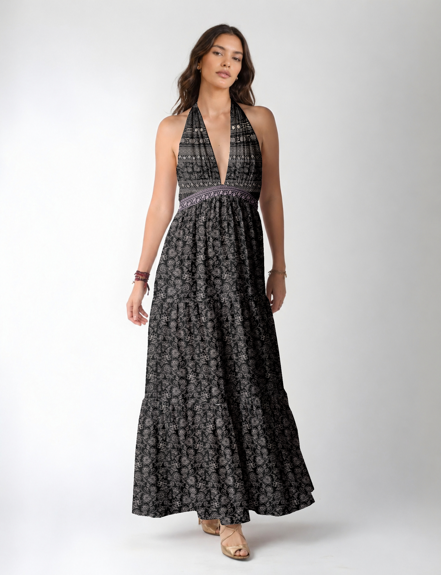 Halter neck maxi dress with tiered layers and elasticated back