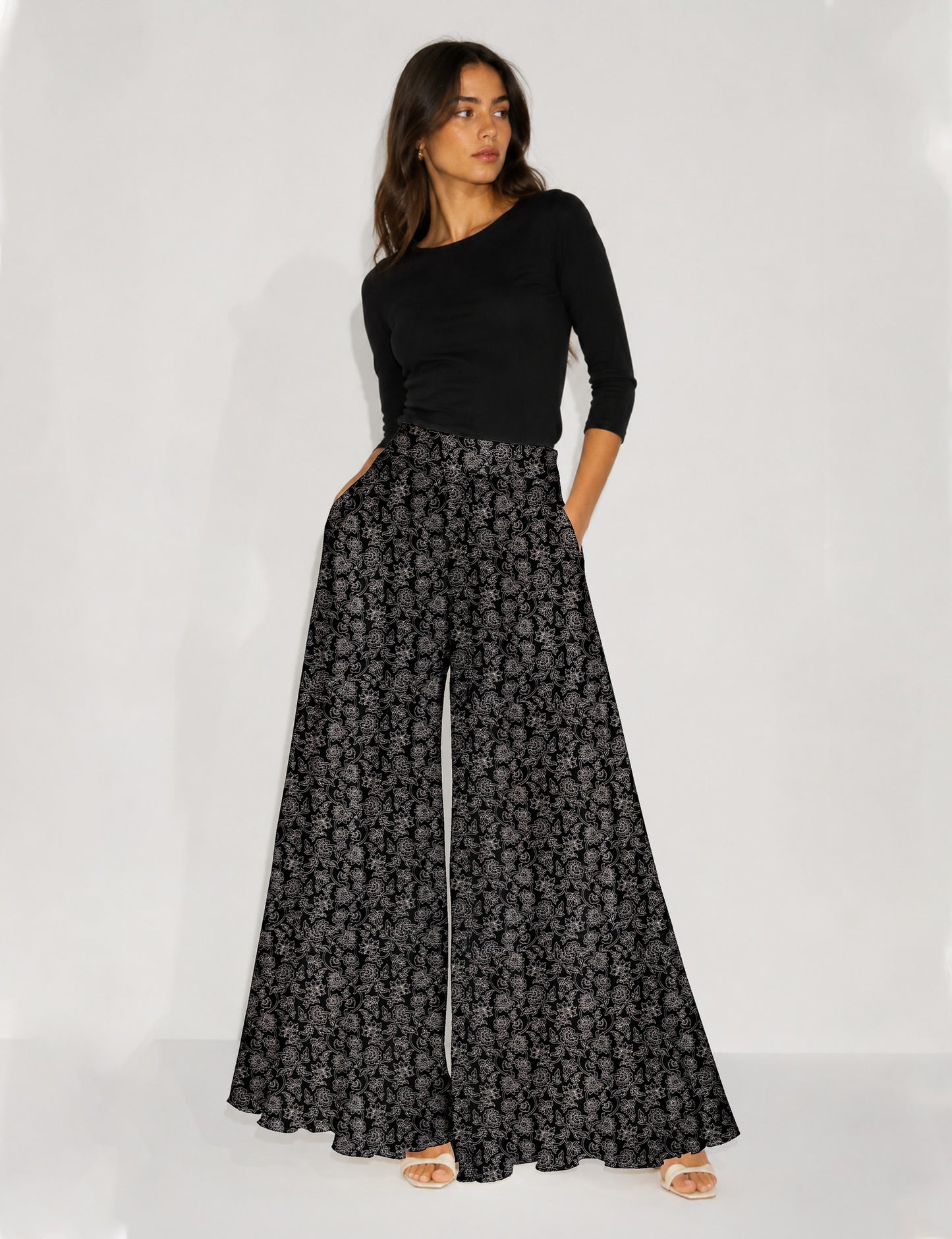 Wide Leg Palazzo Trousers - Black Floral