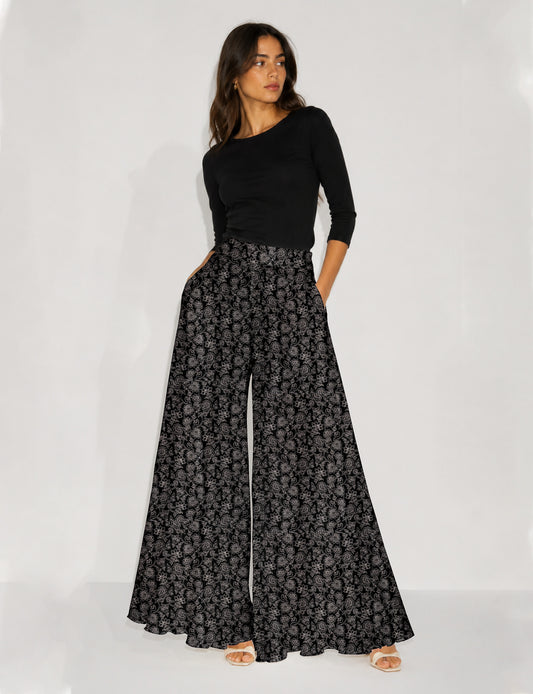 Wide Leg Palazzo Trousers - Black Floral