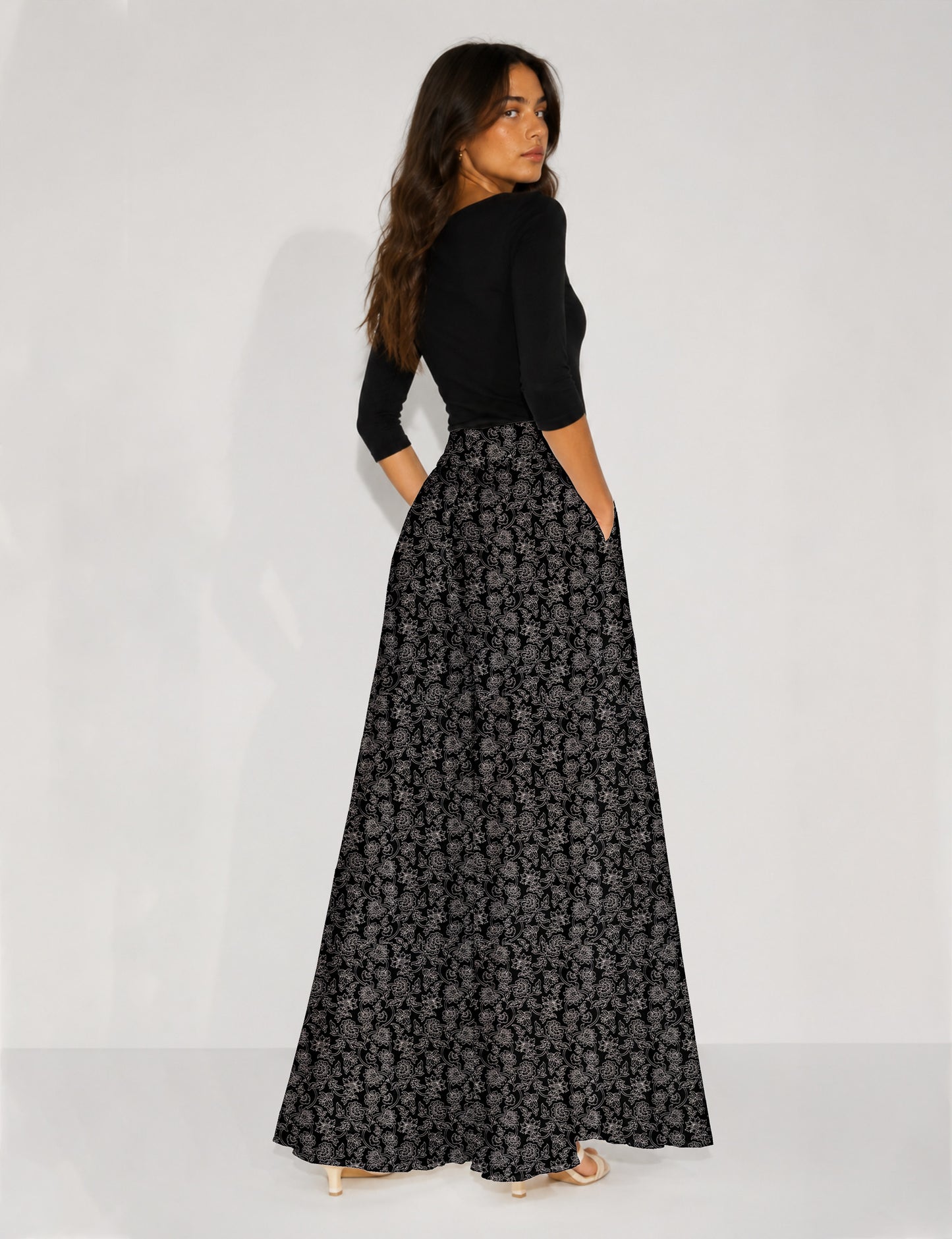 Wide Leg Palazzo Trousers - Black Floral