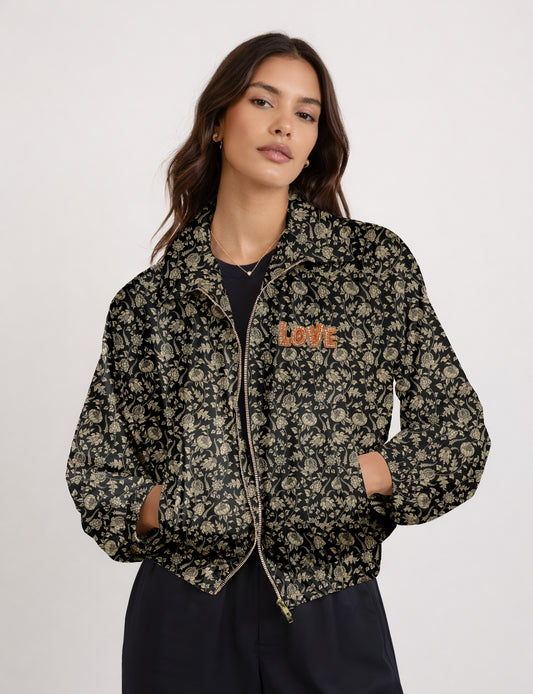 Love Bomber Jacket made from recycled fabric, featuring hand-stitched Aari embroidery. A unique piece of zero-waste clothing, part of the circular fashion movement. Designed with upcycled materials for a stylish yet environmentally friendly clothing choice.
