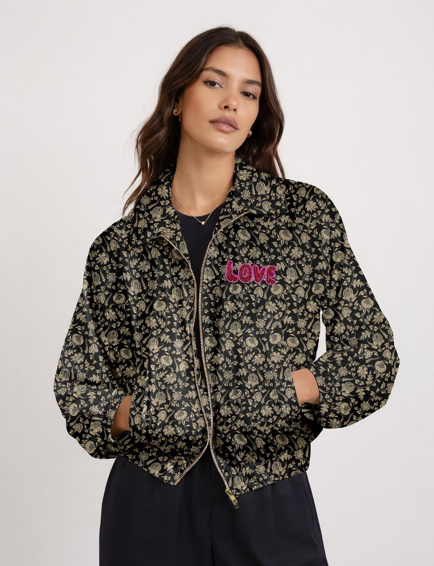 Love Bomber Jacket made from recycled fabric, featuring hand-stitched Aari embroidery. A unique piece of zero-waste clothing, part of the circular fashion movement. Designed with upcycled materials for a stylish yet environmentally friendly clothing choice.