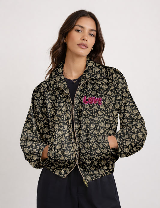 Love Bomber Jacket made from recycled fabric, featuring hand-stitched Aari embroidery. A unique piece of zero-waste clothing, part of the circular fashion movement. Designed with upcycled materials for a stylish yet environmentally friendly clothing choice.