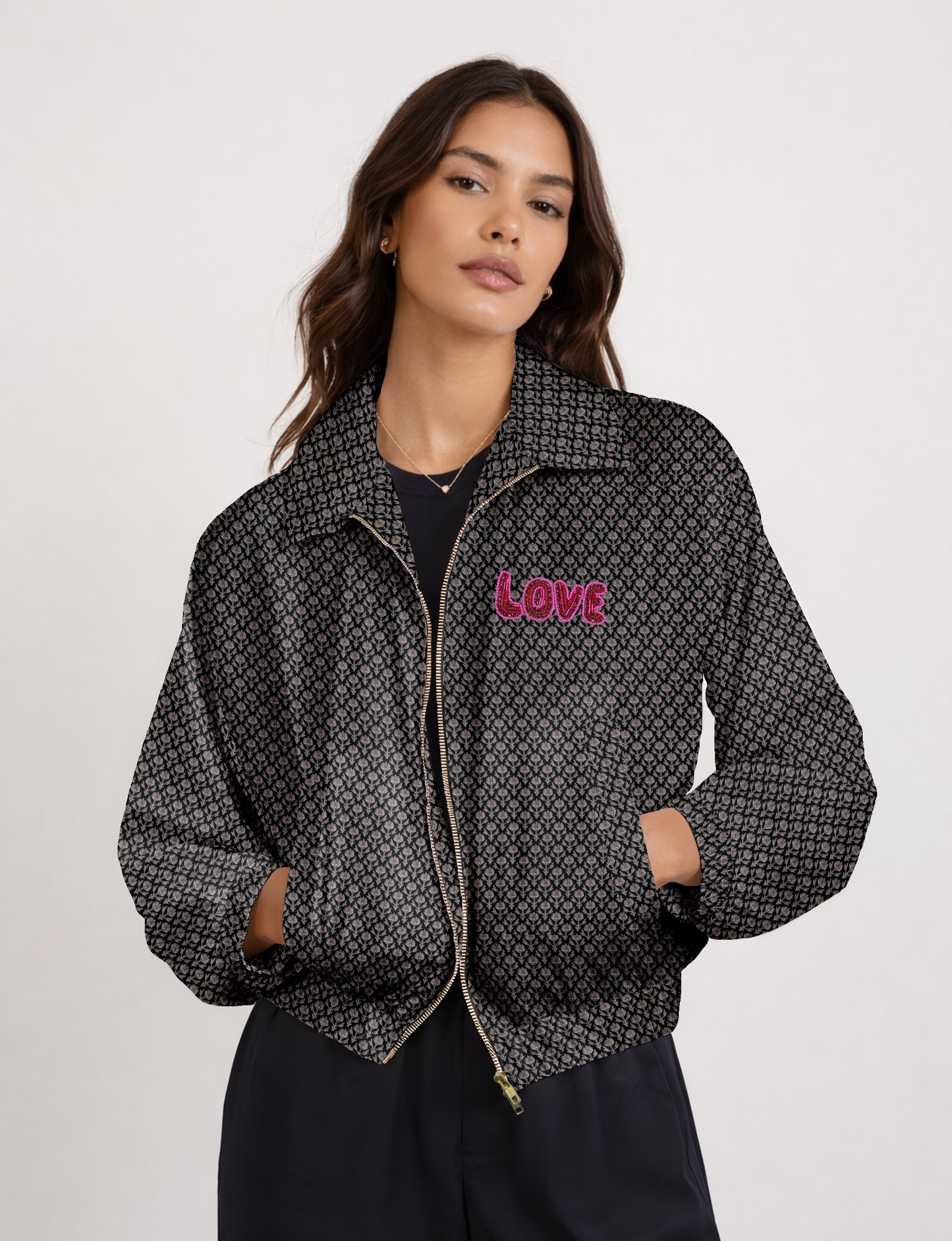 Love Bomber Jacket made from recycled fabric, featuring hand-stitched Aari embroidery. A unique piece of zero-waste clothing, part of the circular fashion movement. Designed with upcycled materials for a stylish yet environmentally friendly clothing choice.