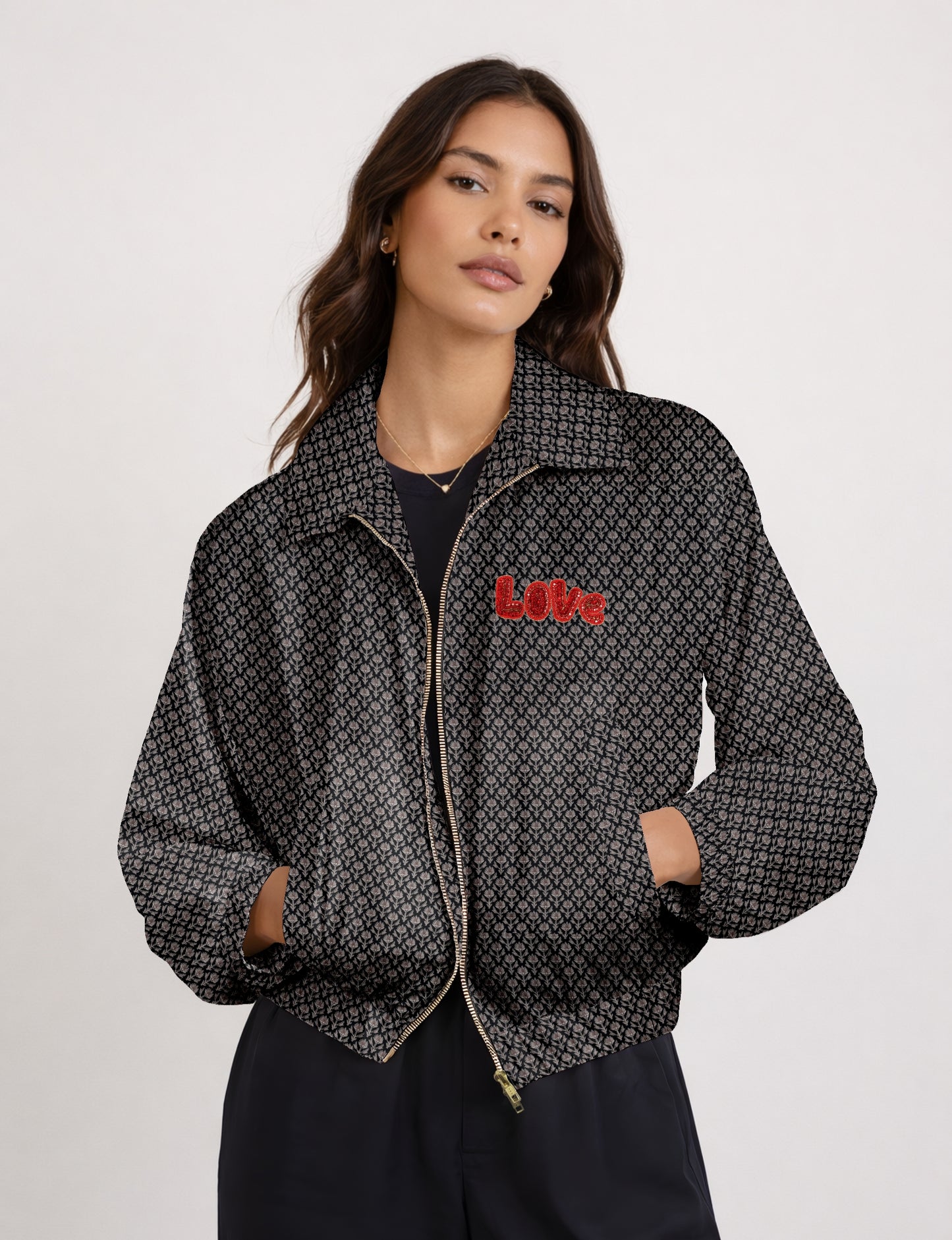 Love Bomber Jacket made from recycled fabric, featuring hand-stitched Aari embroidery. A unique piece of zero-waste clothing, part of the circular fashion movement. Designed with upcycled materials for a stylish yet environmentally friendly clothing choice.