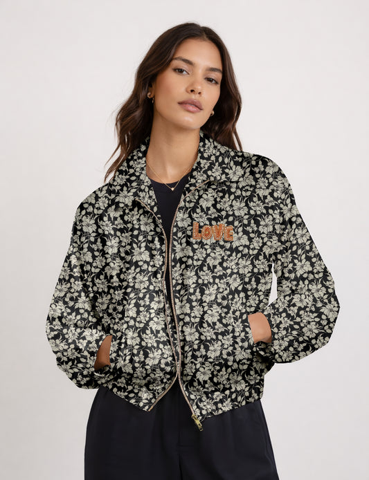 Love Bomber Jacket made from recycled fabric, featuring hand-stitched Aari embroidery. A unique piece of zero-waste clothing, part of the circular fashion movement. Designed with upcycled materials for a stylish yet environmentally friendly clothing choice.