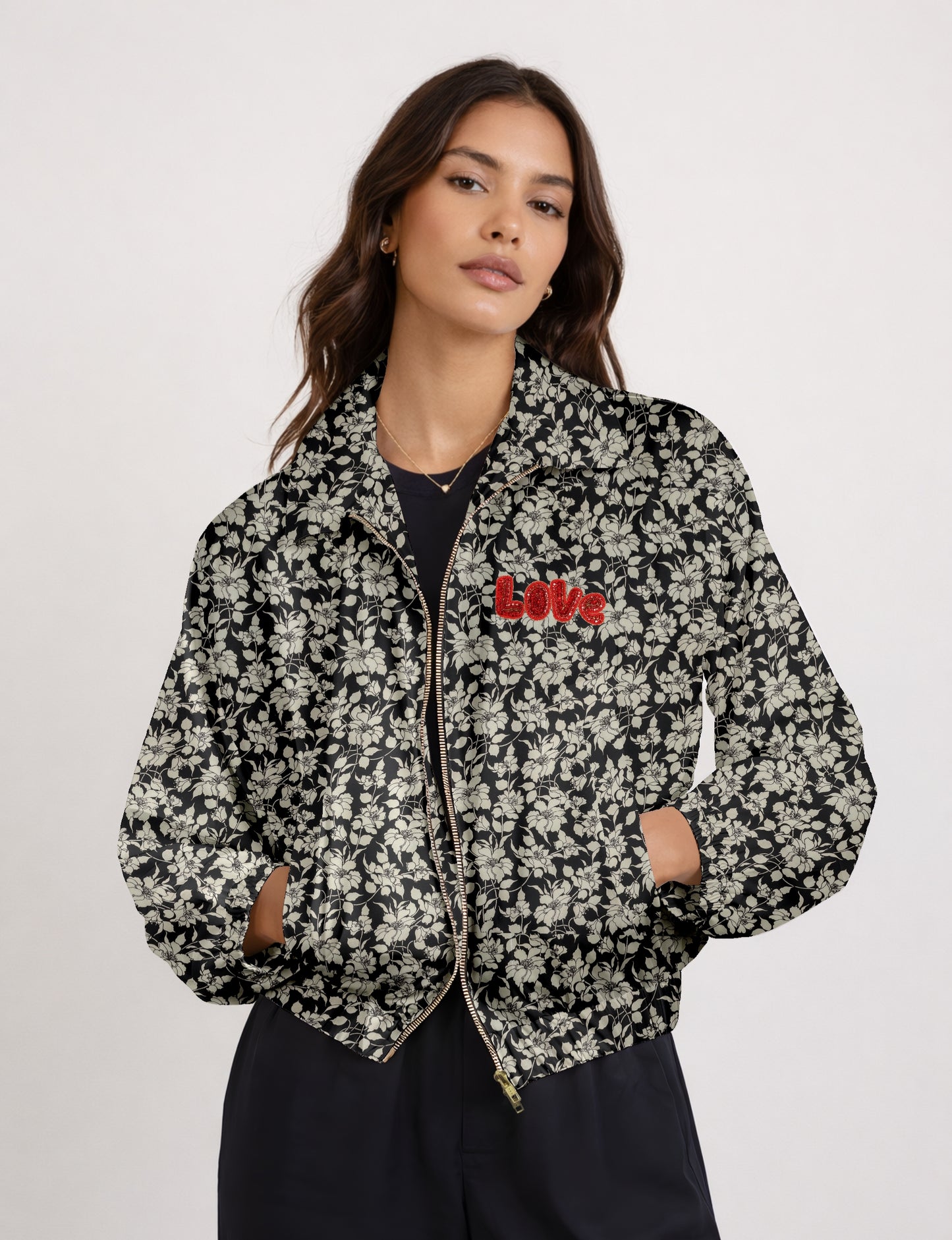 Love Bomber Jacket made from recycled fabric, featuring hand-stitched Aari embroidery. A unique piece of zero-waste clothing, part of the circular fashion movement. Designed with upcycled materials for a stylish yet environmentally friendly clothing choice.